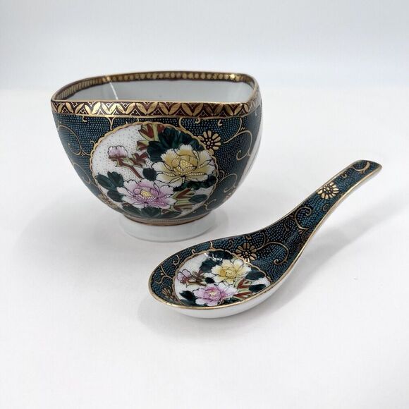 Vintage Asian Matching Porcelain Soup Rice Bowl / Dish & Spoon Set Gold Gilt - Picture 12 of 12